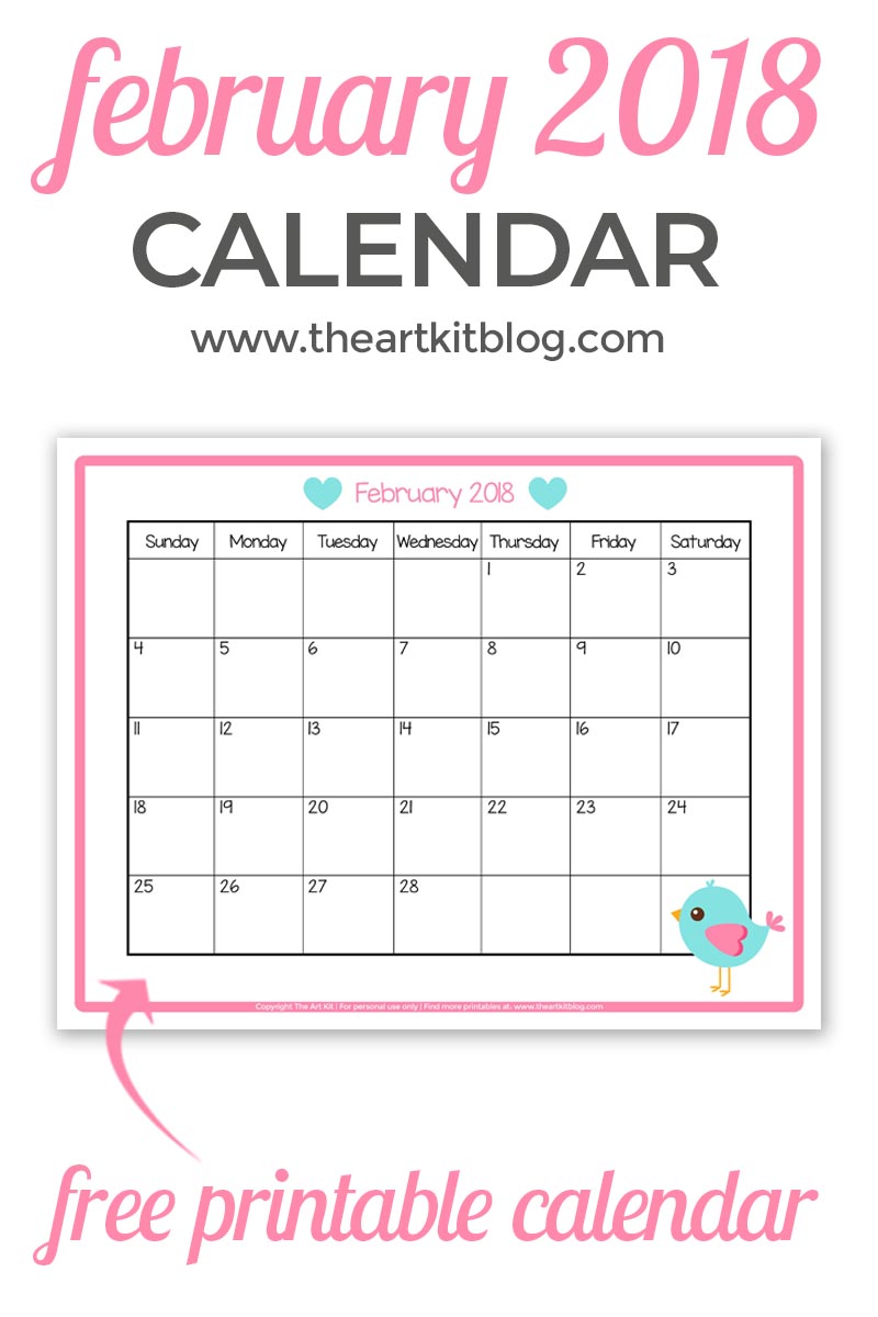 Free Printable Calendar - Great for Kids {February 2018} - The Art Kit