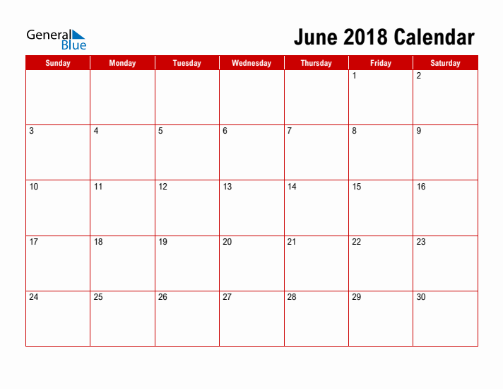 June 2018 Monthly Calendar (PDF, Word, Excel)