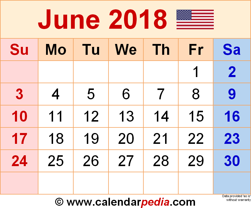 June 2018 Calendar | Templates for Word, Excel and PDF