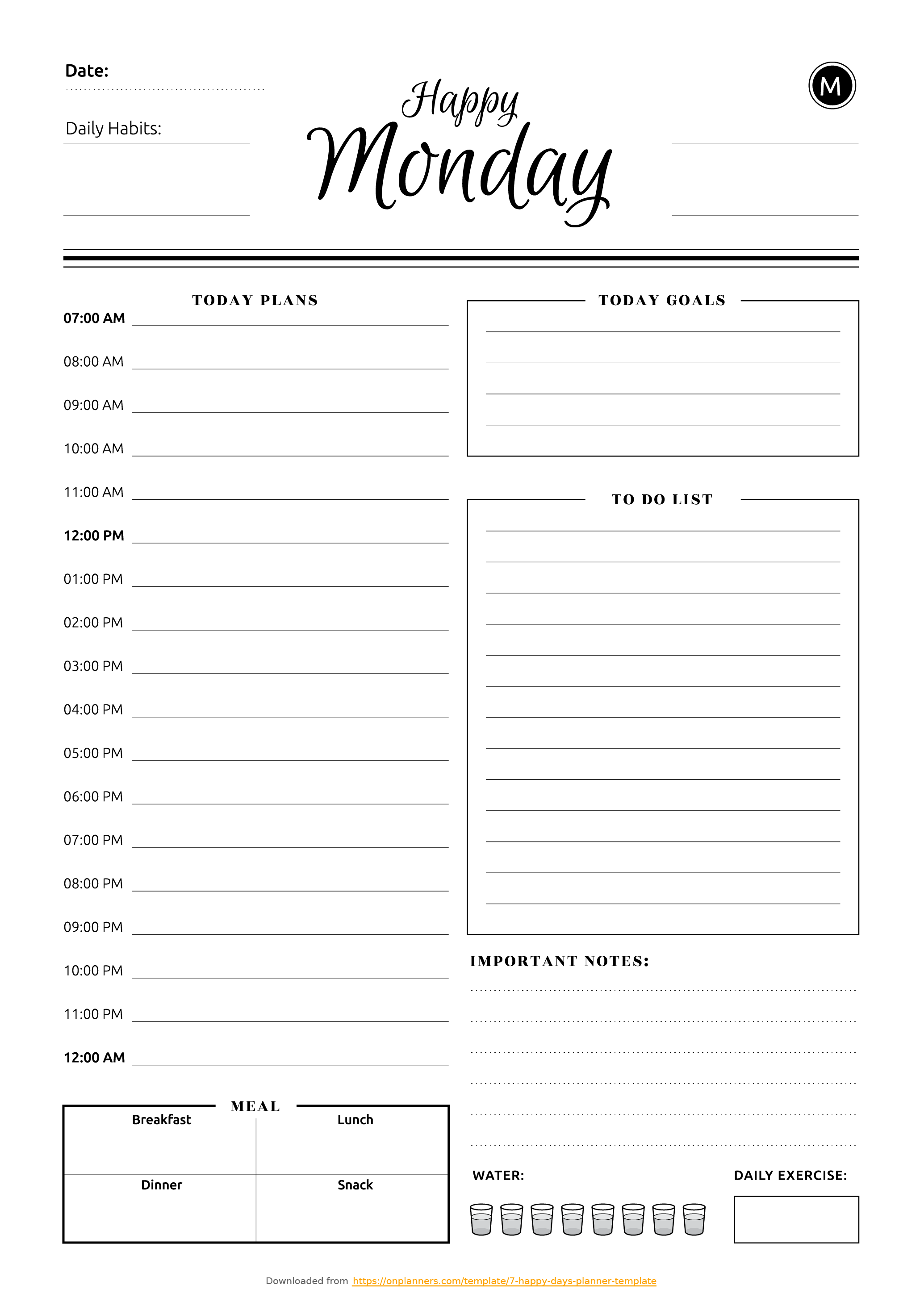 Printable 7 Happy Days planner template PDF Download