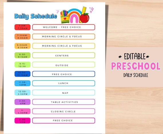 Preschool Daily Schedule Daycare Schedule EDITABLE Template 
