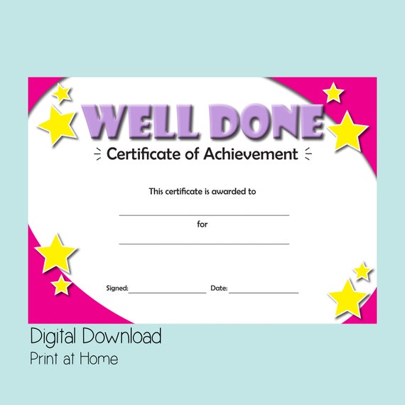 Printable certificate of achievement, good behaviour reward, digital  download awards, congratulations certificate, well done gift for girls