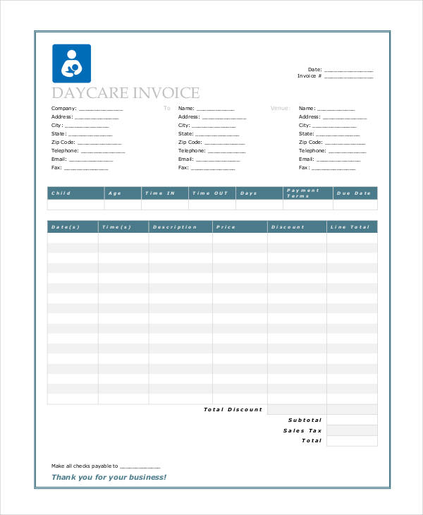 printable daycare invoice