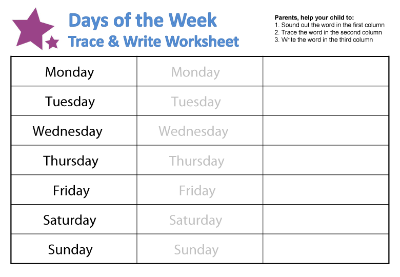 printable days of the week worksheet