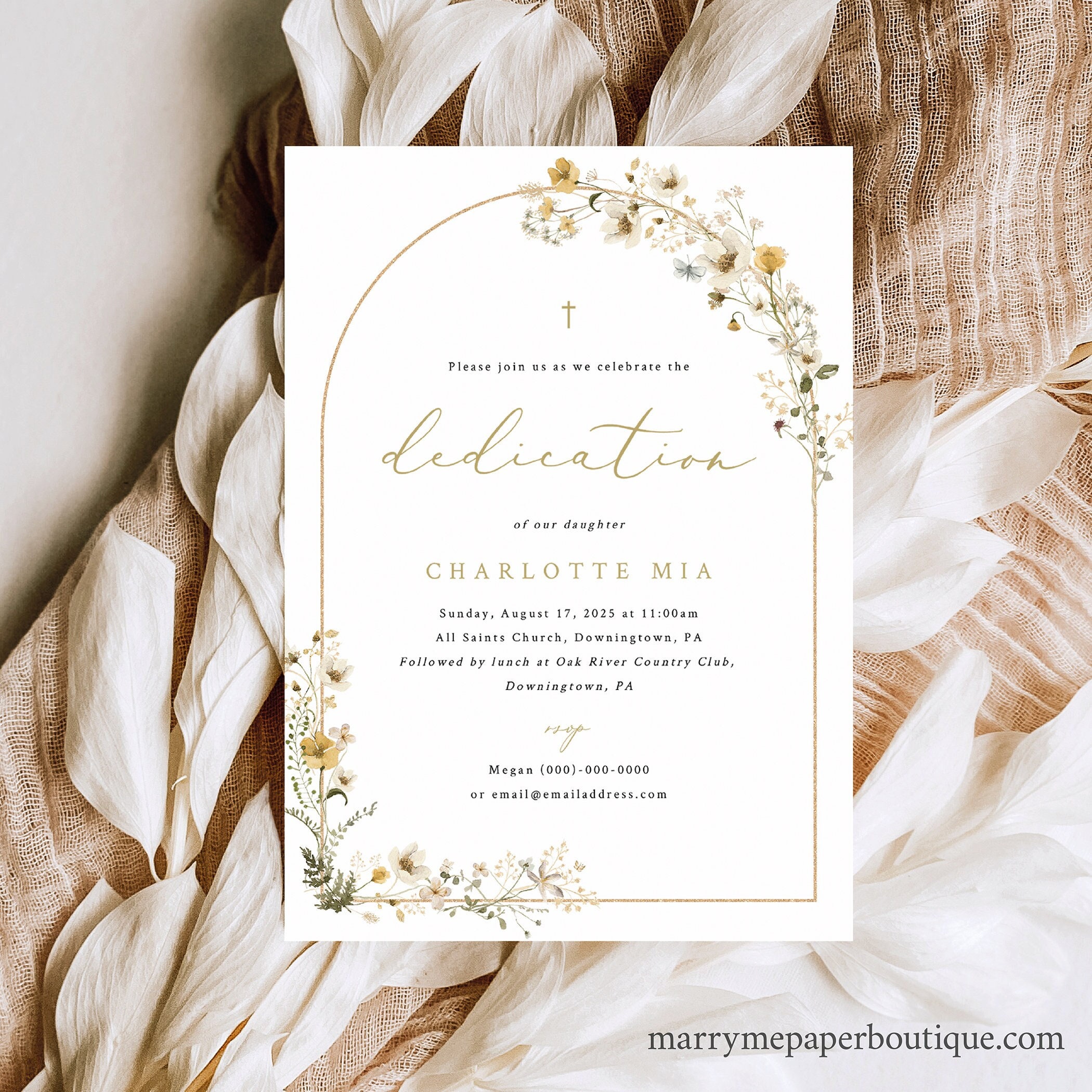 Dedication Invitation Template, Rustic Yellow Flower Arch ...