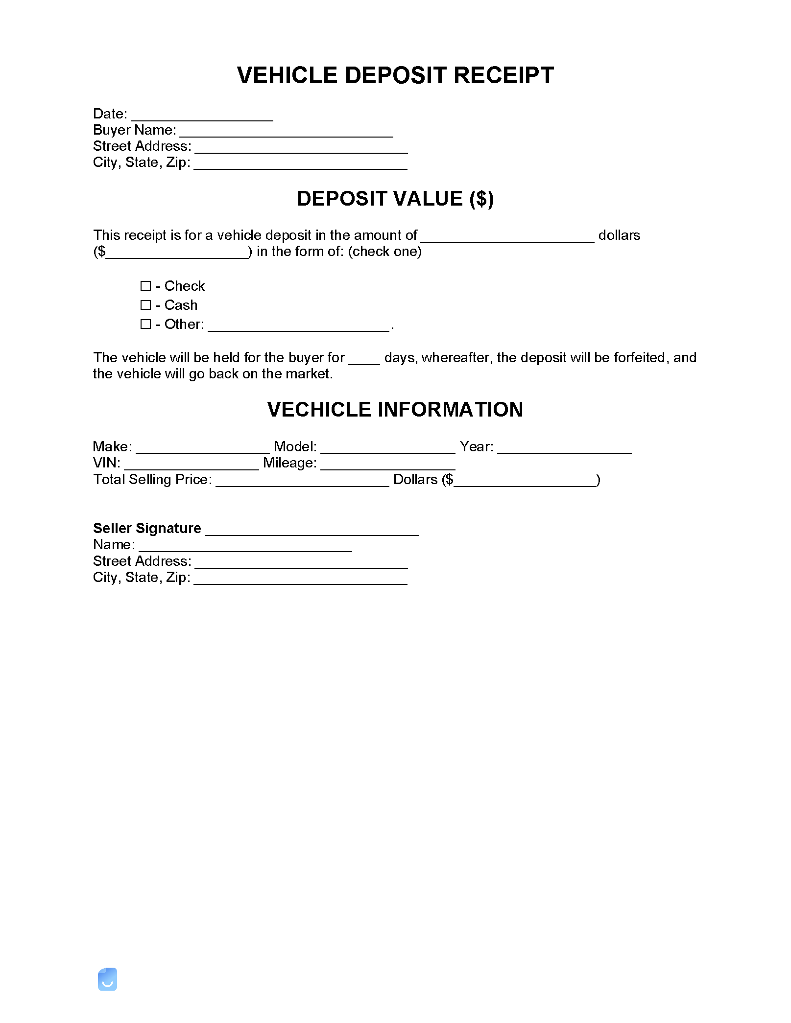 printable deposit receipt for car sale