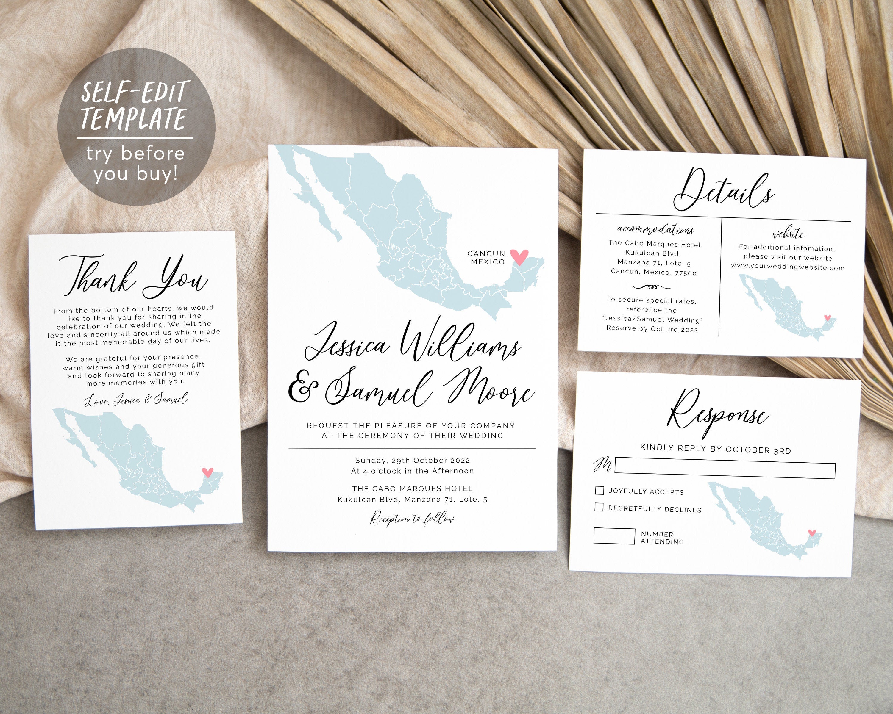 Editable Mexico Map Wedding Invitation Suite Template, Destination ...