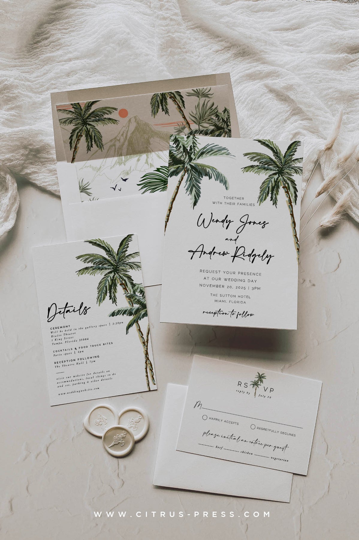 Palm Tree Beach Wedding Invitation Template - Citrus Press