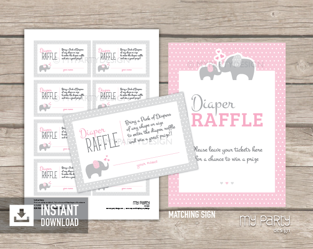 Pink Elephant Diaper Raffle Printables - My Party Design