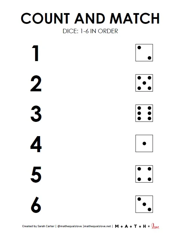 Count and Match Worksheets 1-6 with Dice | Math = Love