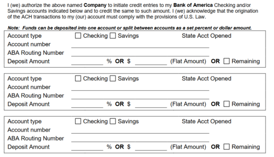 printable direct deposit form bank of america