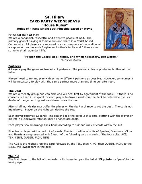 Rules of 4 hand single deck Pinochle - St. Hilary Parish