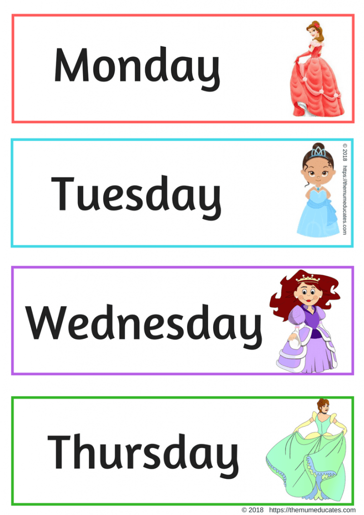 Princess days of the week flashcard - The Mum Educates - Worksheets Library for Days Of The Week Cards Free Printable