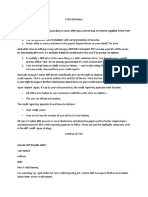 Generic 609 Credit Dispute Letter | PDF | Credit History | Credit ...