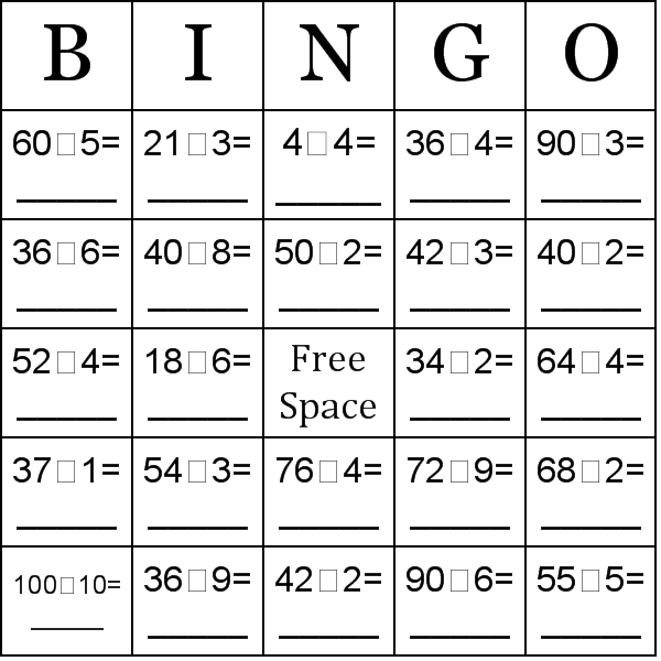 Free printable division bingo cards, Download Free printable division
