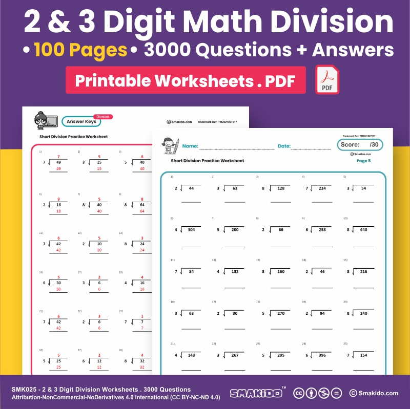 Printable 2 &  3 Digit Math Division Worksheets - Smakido