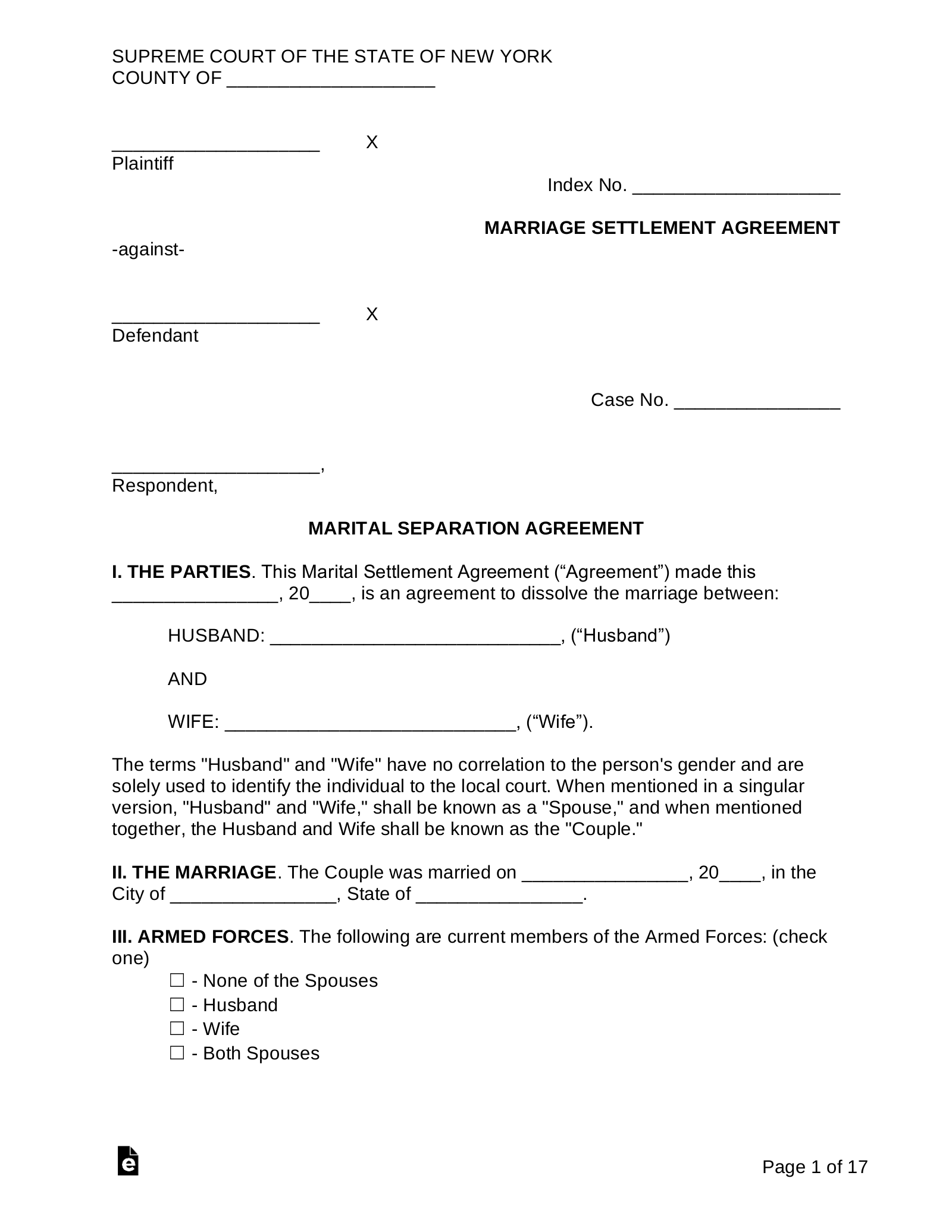 Free New York Marital Settlement (Divorce) Agreement - PDF | Word ...