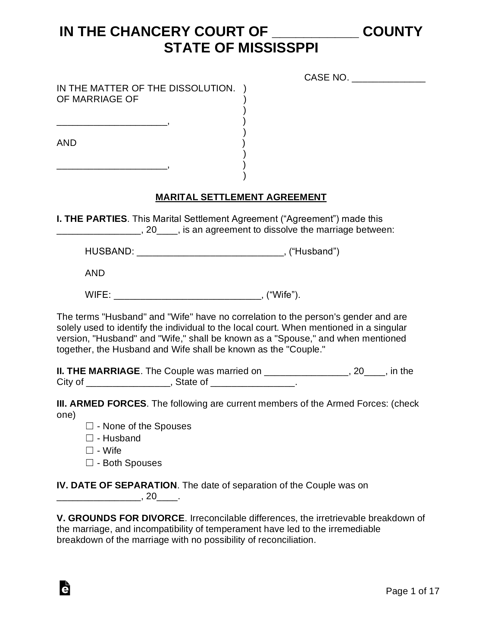 printable divorce papers for ms