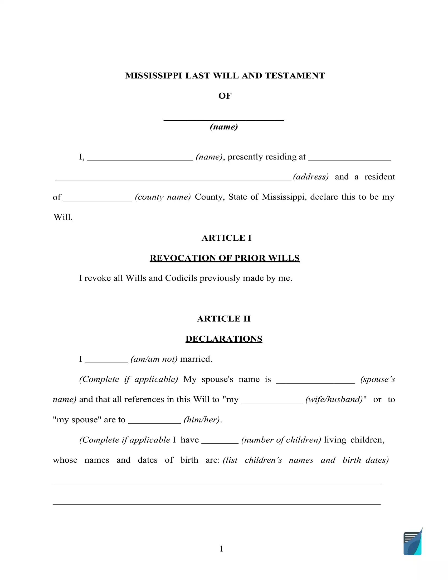 Fillable Mississippi Last Will and Testament Form [Free] | FormsPal