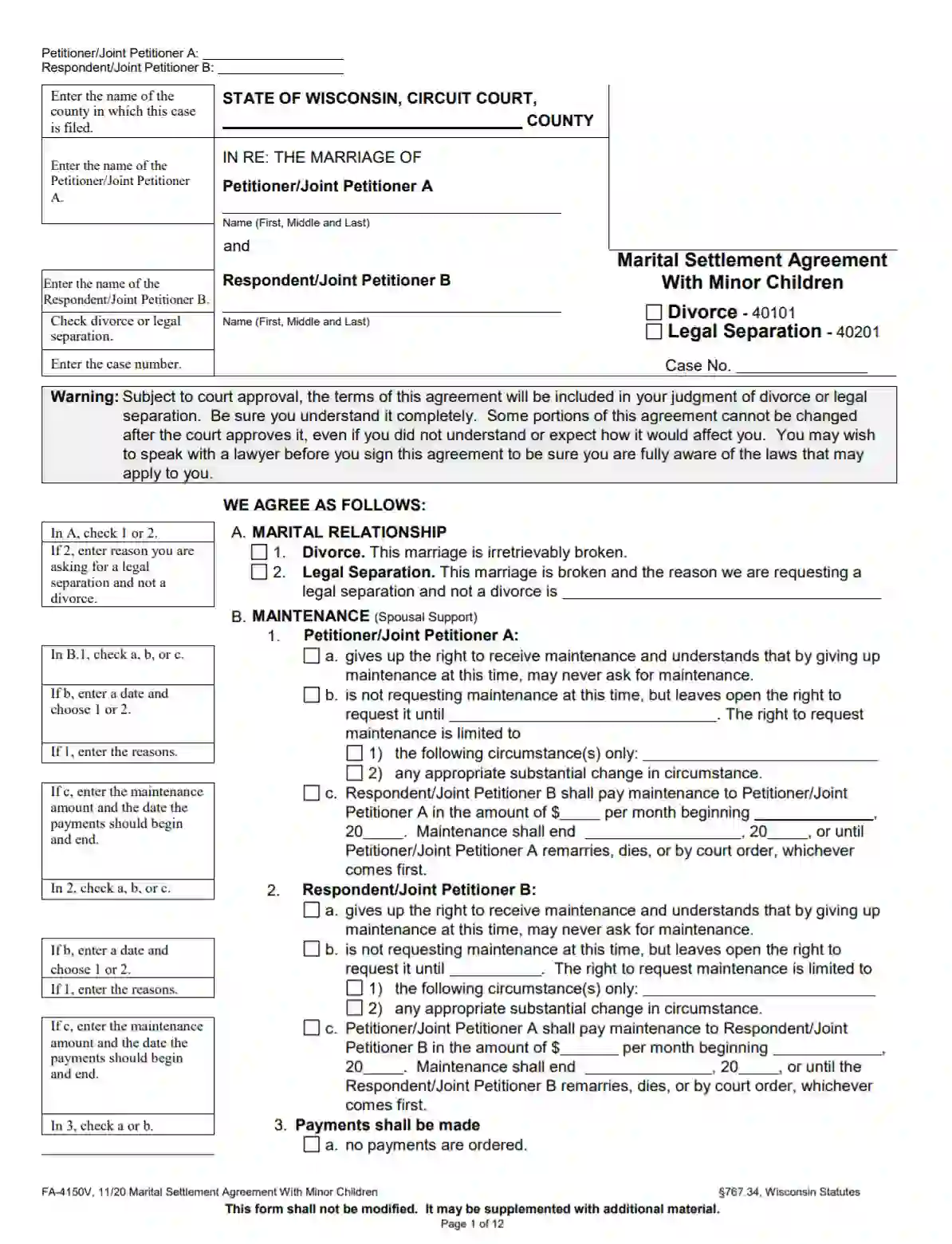 printable divorce papers for wisconsin