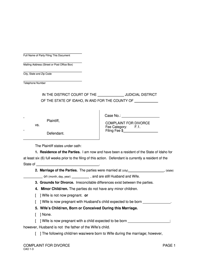 printable divorce papers idaho