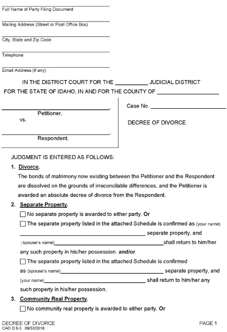 printable divorce papers idaho