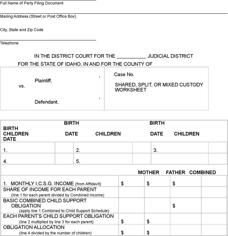 Free Idaho Shared or Split Custody CS Worksheet - PDF | 56KB | 2 ...