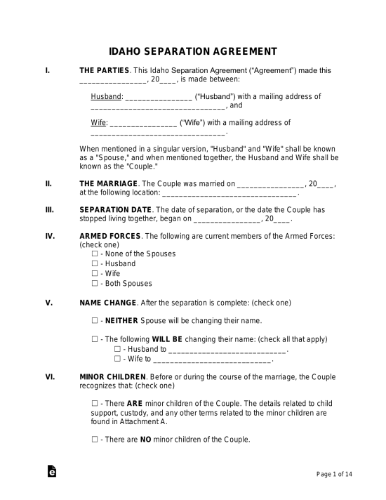 Free Idaho Separation Agreement Template - PDF | Word - eForms
