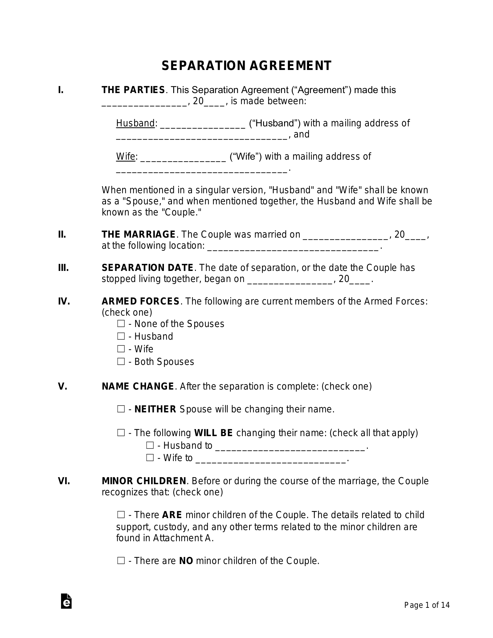 Free Marital Separation Agreement - PDF | Word - eForms