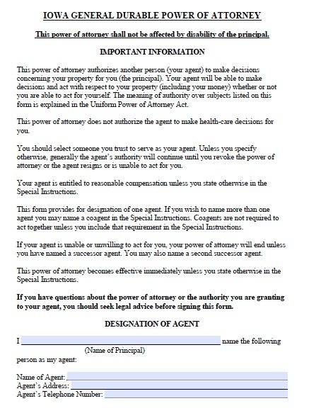 Free Durable Power of Attorney Form | Iowa