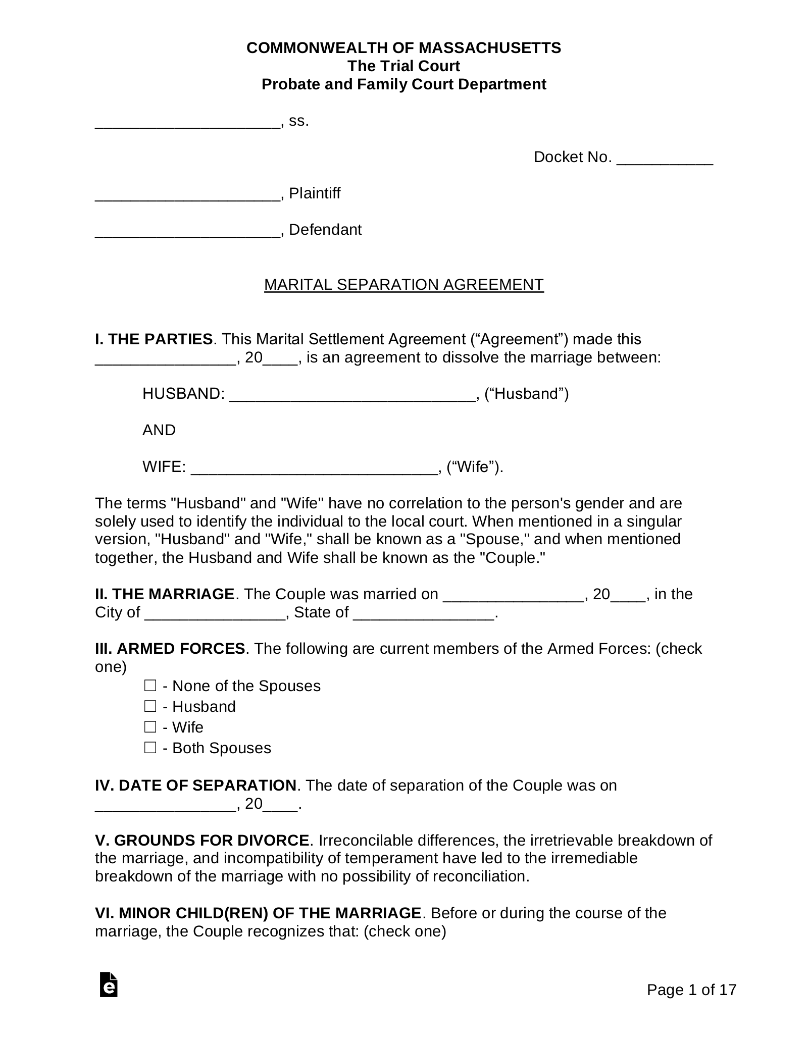 Free Massachusetts Marital Settlement (Divorce) Agreement - PDF ...
