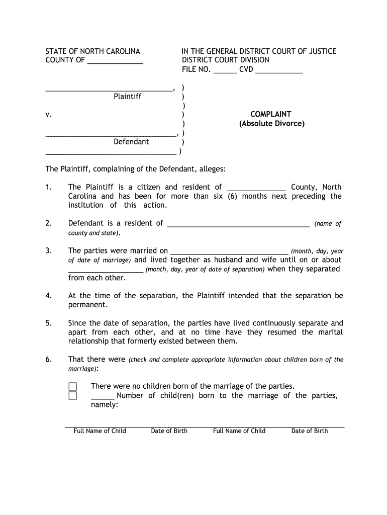 printable divorce papers nc