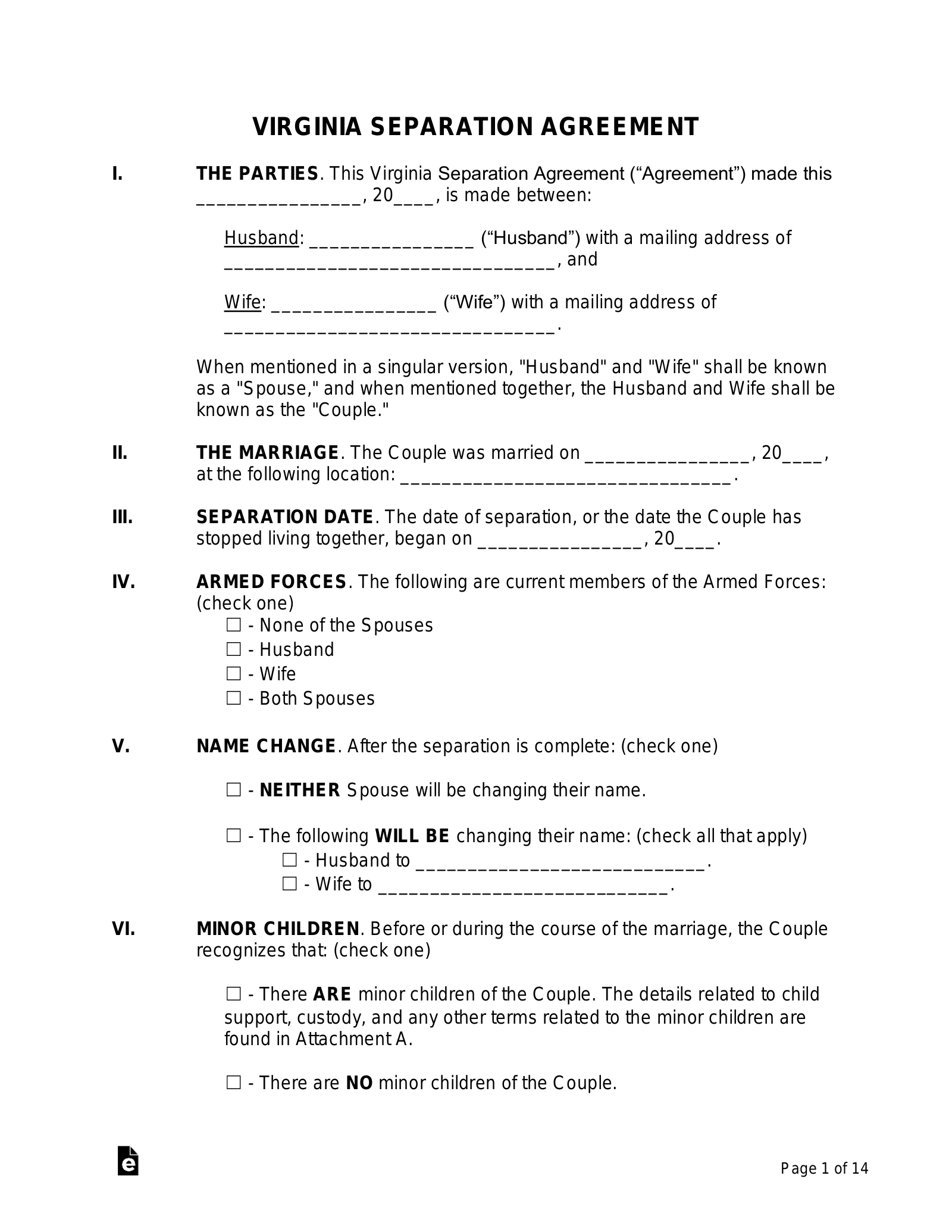 Free Virginia Separation Agreement Template - PDF | Word - eForms