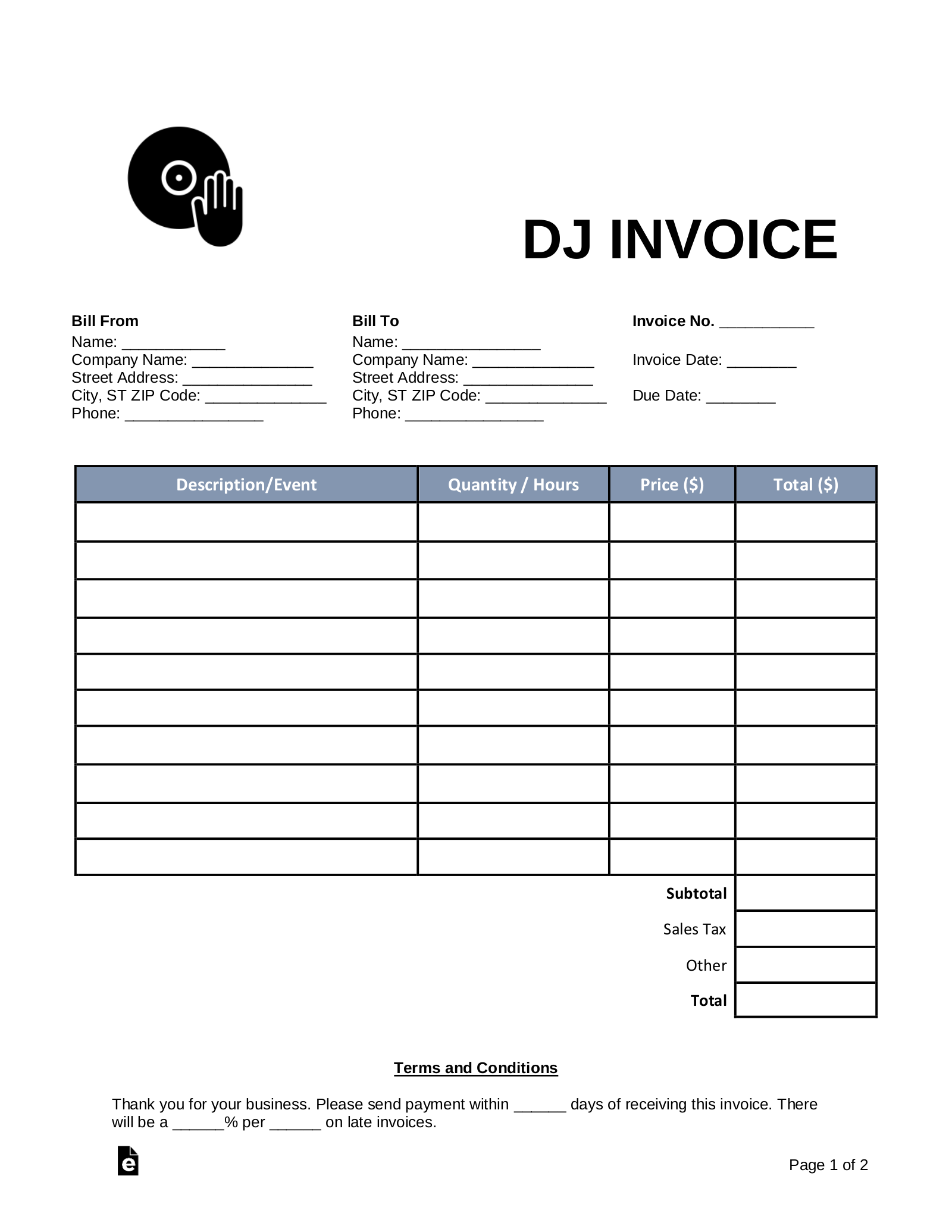 Free DJ (Disc Jockey) Invoice Template - PDF | Word - eForms