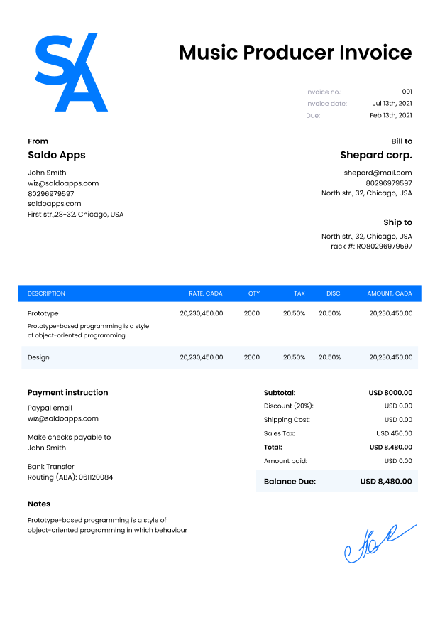 Music Producer Invoice Templates Free - Invoice for Producer of ...