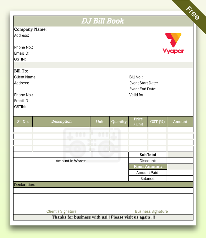 DJ Bill Book Format - Free Download!