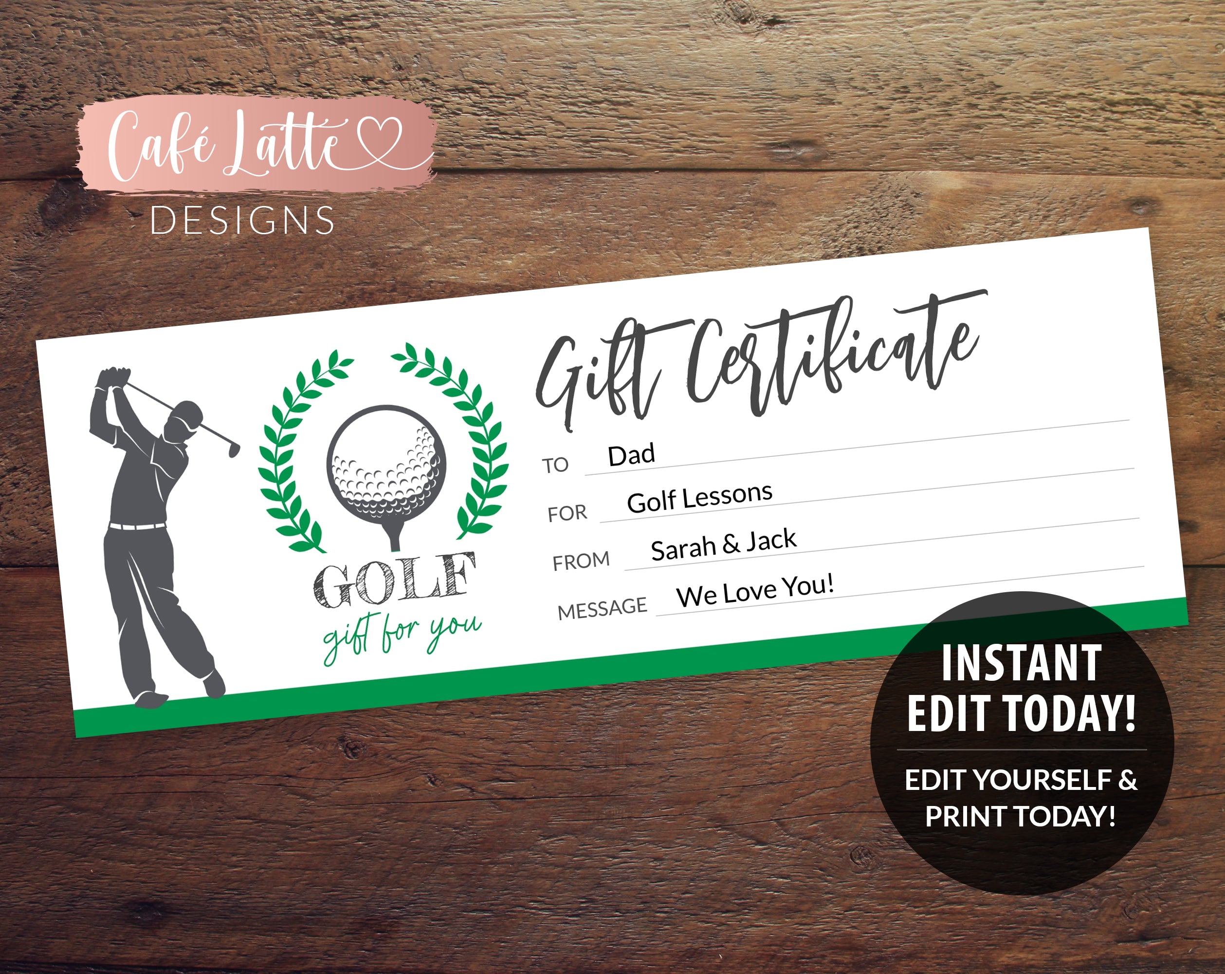 GOLF Gift Certificate Editable Template Printable, Personalized ...