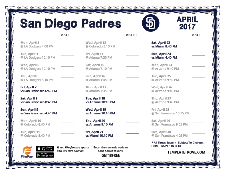 Printable 2017 San Diego Padres Schedule