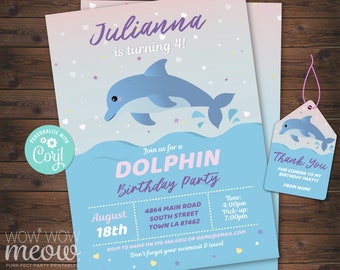 Dolphin Party Invitation Dolphins Birthday Invite Sea Ocean Rainbow Girls  Personalize Float Edit Printable Sea Editable Template WCBK295