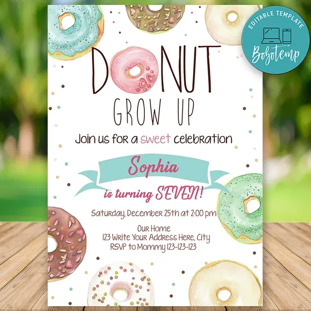 Printable Donut Grow Up 7th Birthday Invitation Instant Download ...