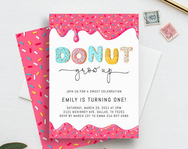 Donut Grow Up Birthday Invitation Template, Donut 1st Birthday Party  Invitation, Printable Donut Themed Invite, Instant Download, Templett