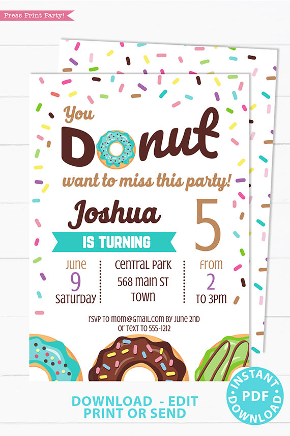 Donut Birthday Invitation Printable, Blue Party Supplies - Press ...
