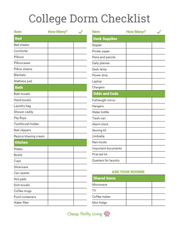 College Dorm Checklist for Freshmen (Printable ...