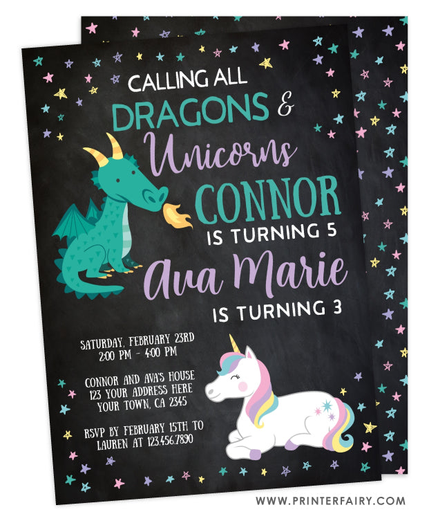 Dragon &  Unicorn Birthday Party Invitation | PrinterFairy