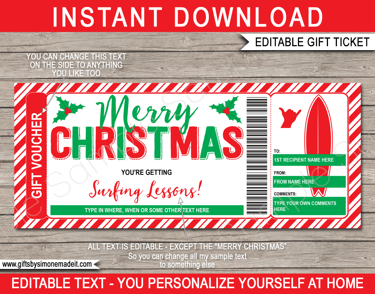 Christmas Surfing Lessons Gift Voucher Template