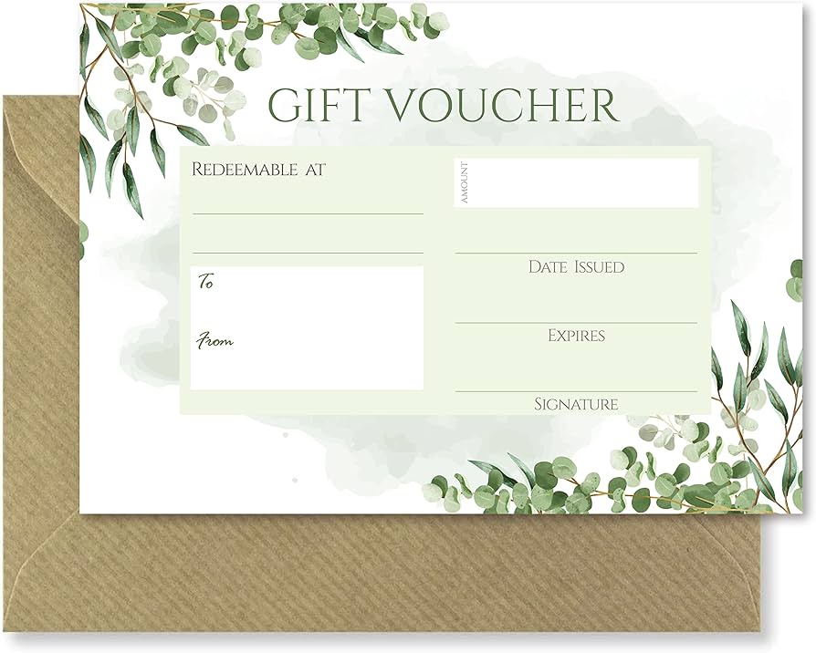 Botanical Gift Vouchers and Envelopes Double Sided Watercolor Leaf Design  Salon Beauty Hair Massage Eyelash Nails Pack of 10