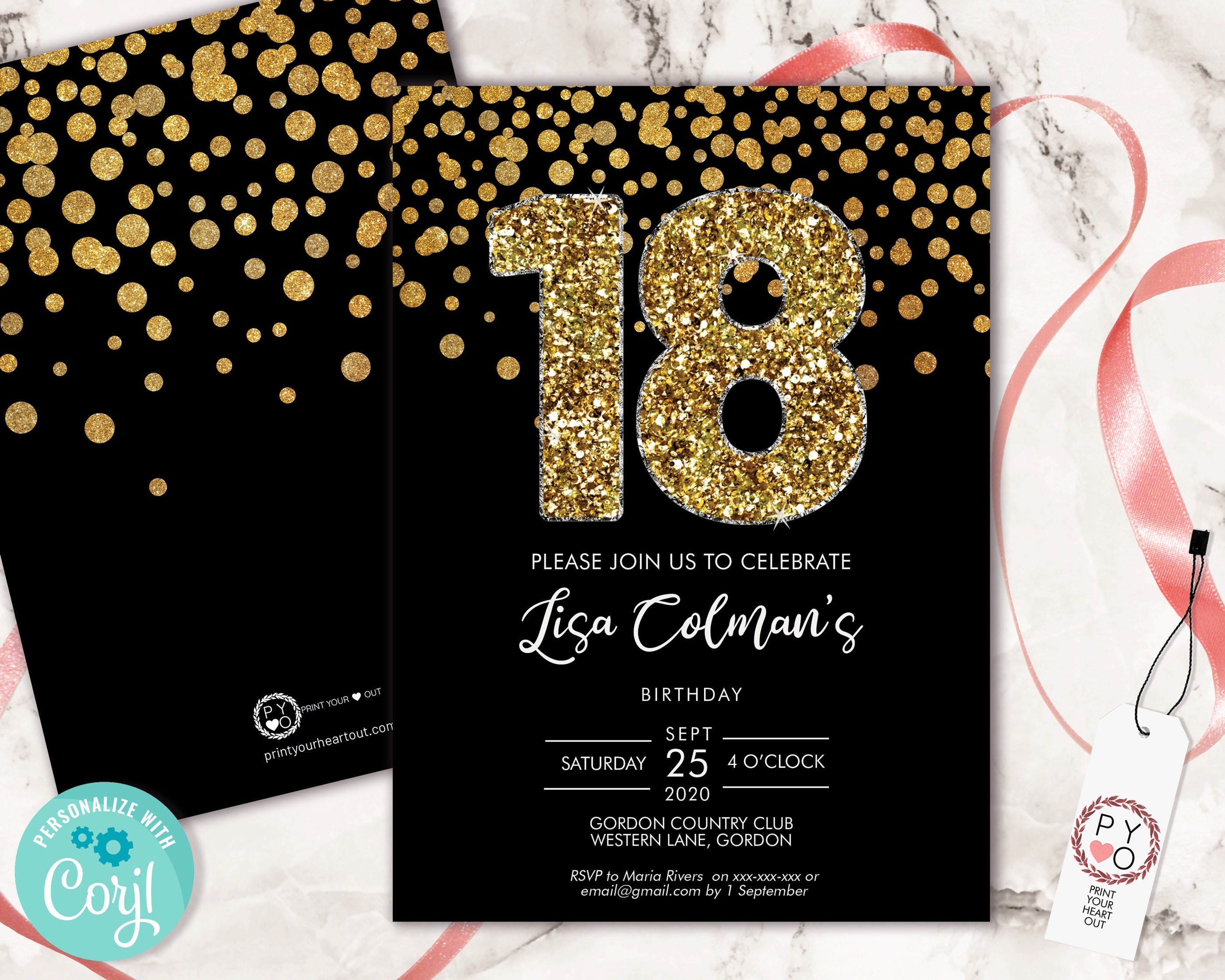 DIY 18th Birthday Confetti Invitation Printable Template, Black ...