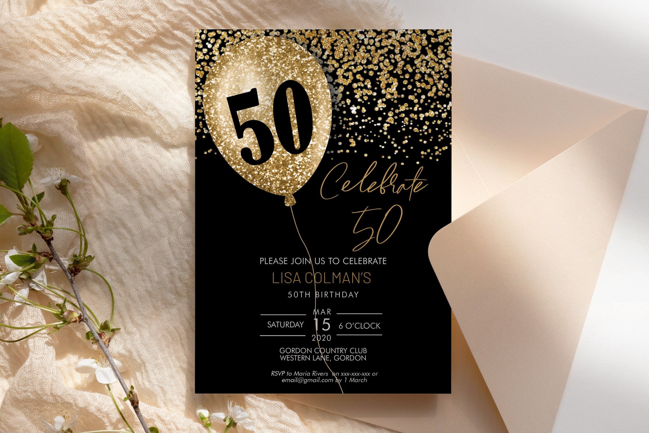 DIY 50th Birthday Balloon Invitation Printable Template, Black ...