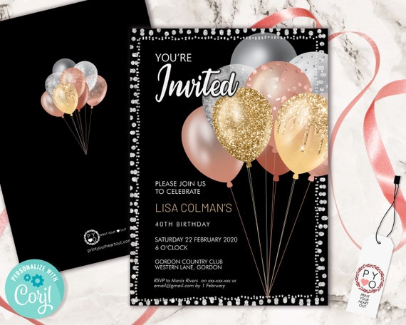Metallic Birthday Balloons Invitation Printable Template, Black ...
