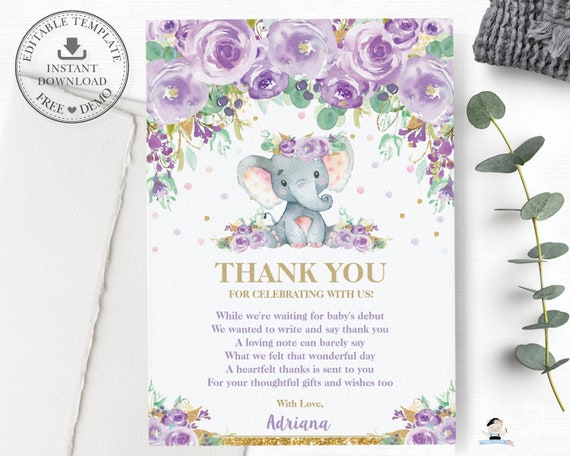 printable elephant thank you cards